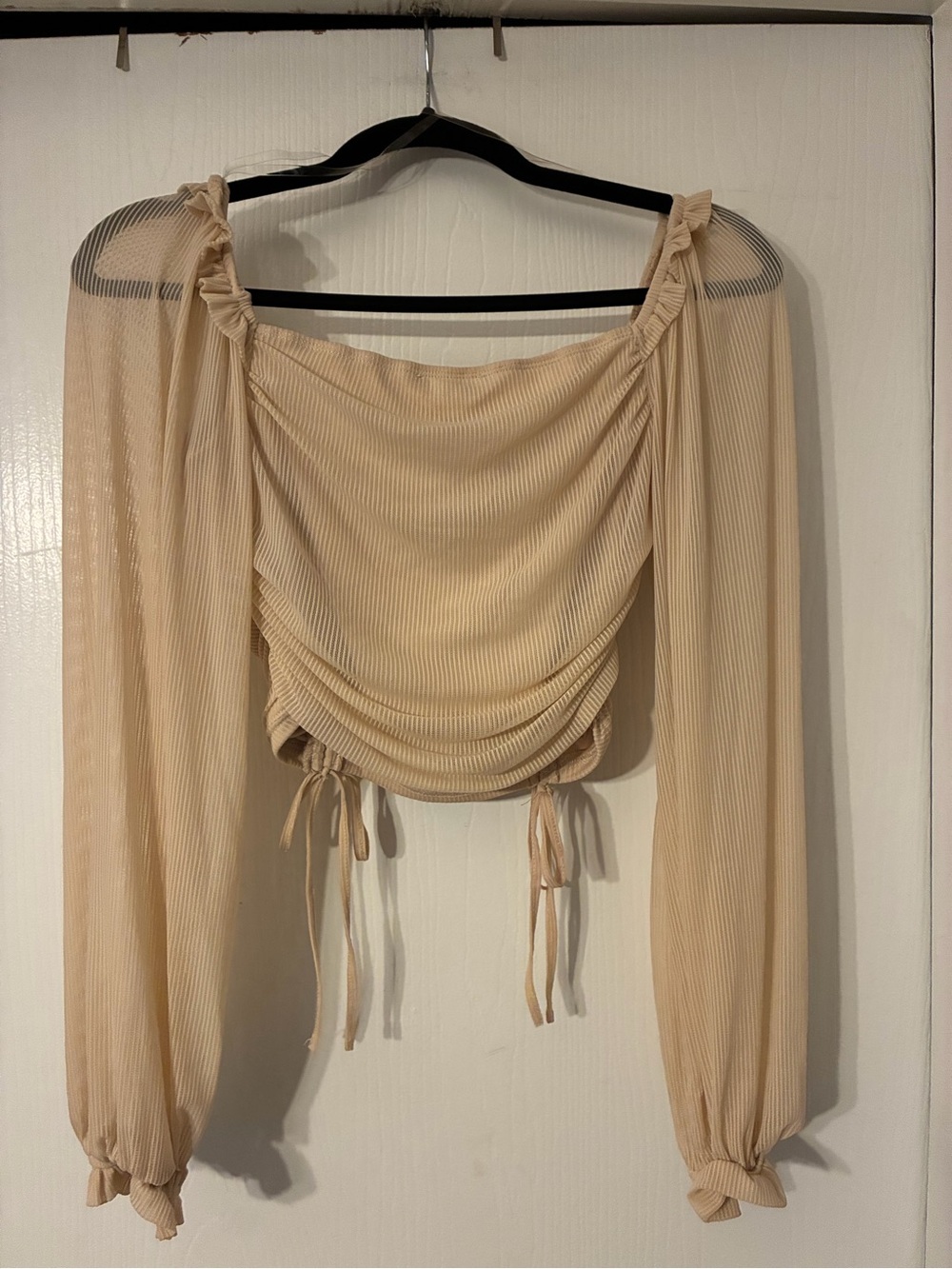 Fashion Nova Beige Ruched Long-Sleeve Crop Top - Picture 2 of 3